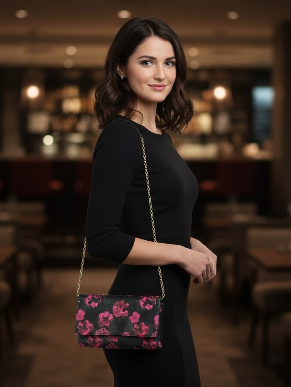 Floral Black and Pink Women's Clutch with removable Gold Chain Strap